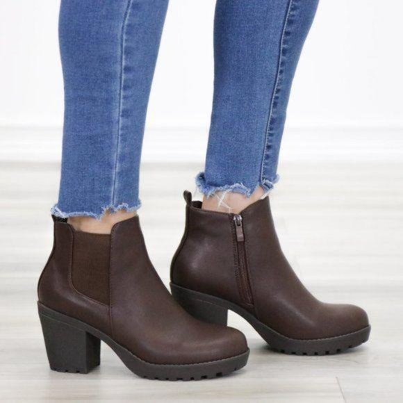 Lug Sole Ankle Boots Brown Chelsea Booties - Picture 9 of 12